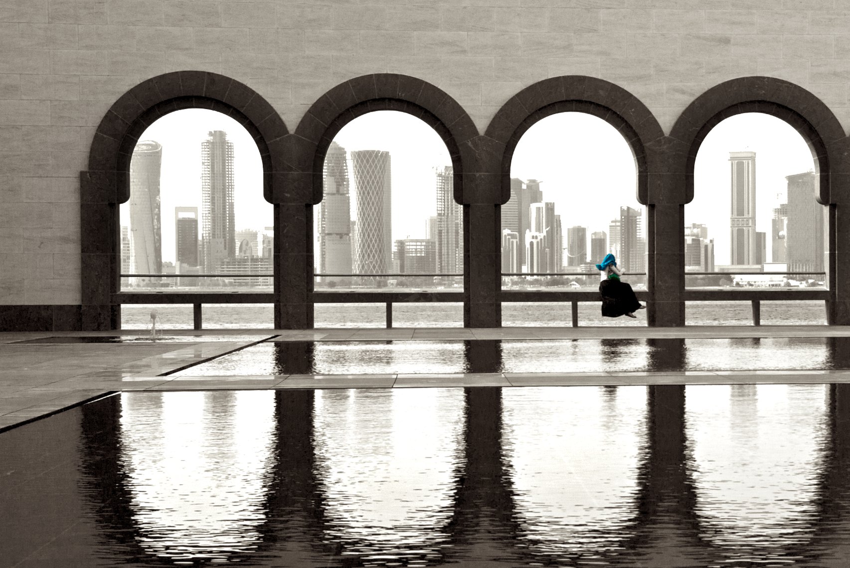 Qatar Doha Museum of Islamic Art courtyard  black and white